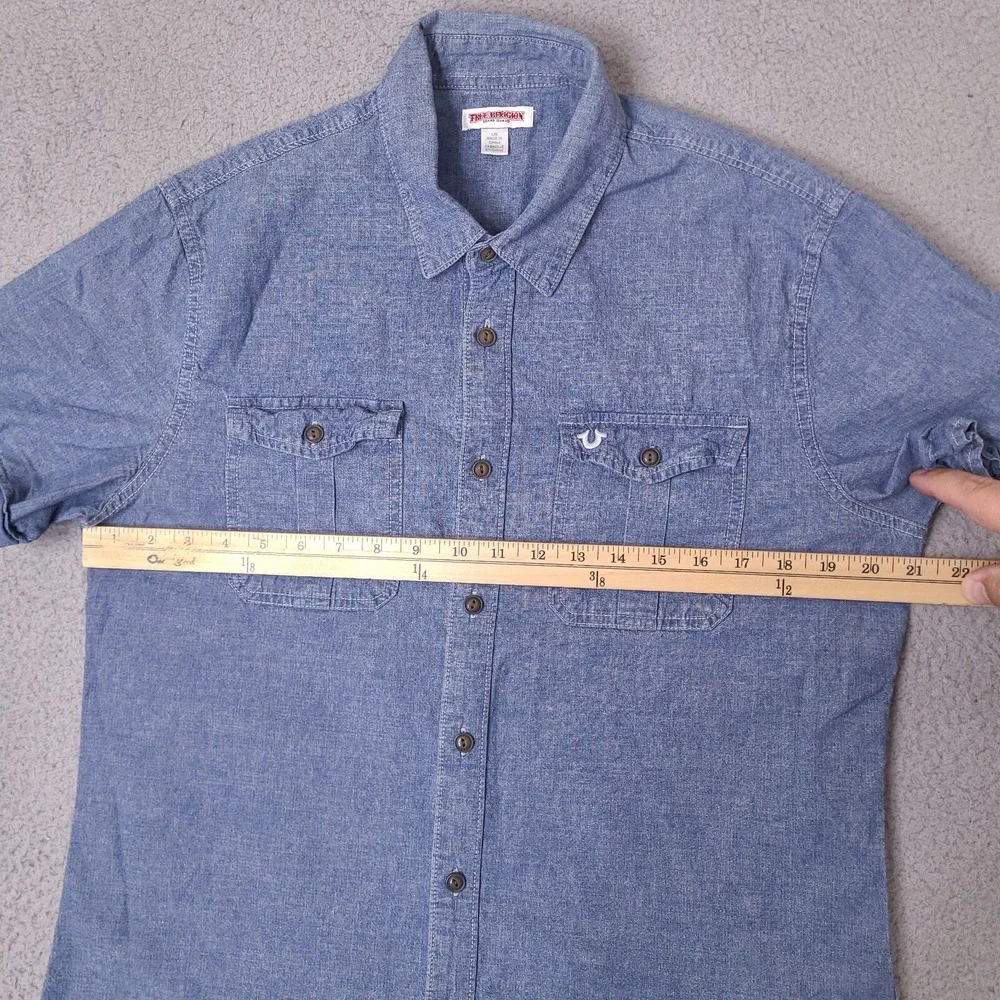 True Religion Shirt‎ Mens Large Blue Denim Chambray Short Sleeve Button Utility